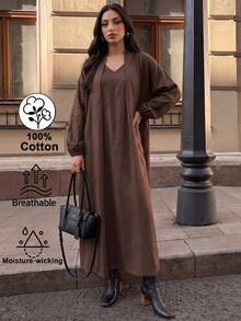 Breezaya Women's Solid Color Vintage Long Sleeve Fashion Dress For Vacation And Travel - Dark Brown - View 4