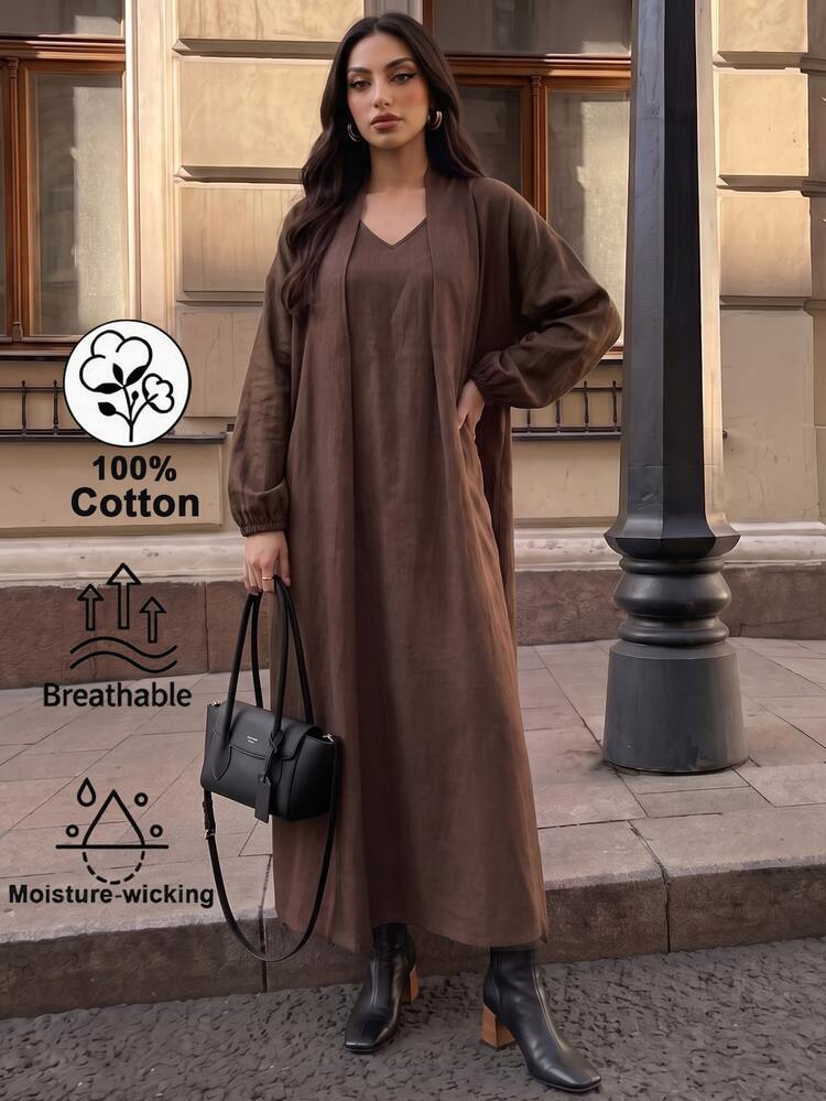 Breezaya 女款純色復古長袖時尚洋裝，適合度假與旅行 - 深棕色 - 查看 4