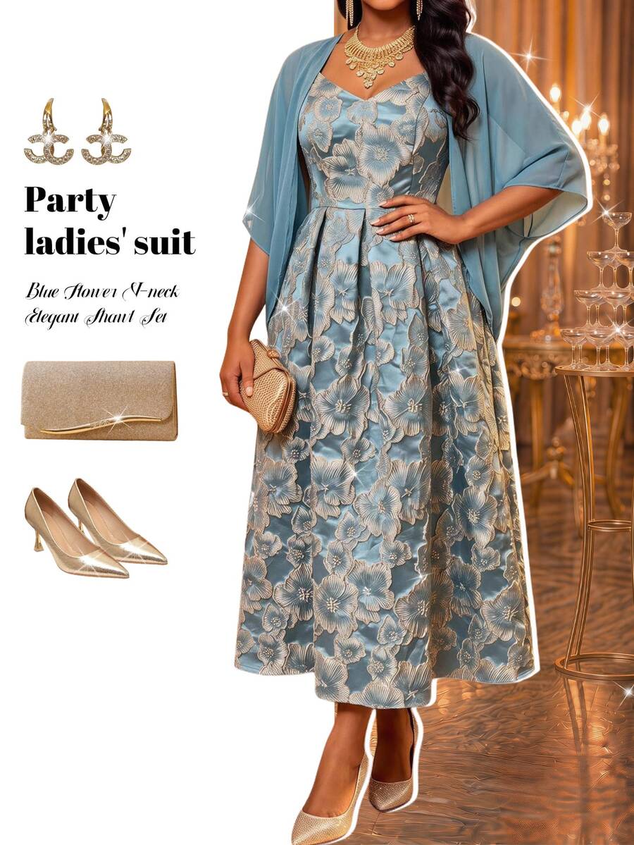 Fleurora Plus Size Women's Jacquard Pleated Dress And Solid Color Cardigan Casual Daily 2-Piece Set - Blue - View 1