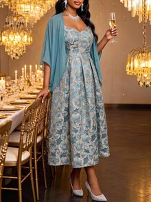 Fleurora Plus Size Women's Jacquard Pleated Dress And Solid Color Cardigan Casual Daily 2-Piece Set - Blue - View 3