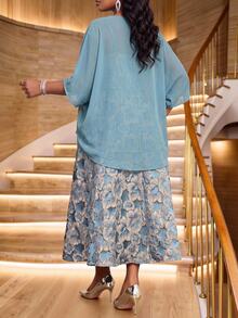 Fleurora Plus Size Women's Jacquard Pleated Dress And Solid Color Cardigan Casual Daily 2-Piece Set - Blue - View 2
