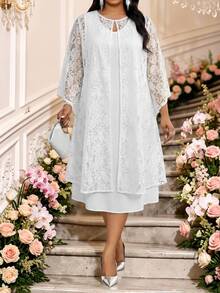 Fleurora Plus Size Women's Solid Color V-Neck Dress With Lace Sheer Cardigan Set Summer Wedding Formal Allover White Elegant Business Casual - White - View 6