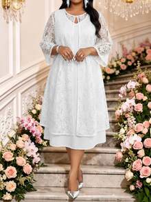 Fleurora Plus Size Women's Solid Color V-Neck Dress With Lace Sheer Cardigan Set Summer Wedding Formal Allover White Elegant Business Casual - White - View 5