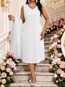 Fleurora Plus Size Women's Solid Color V-Neck Dress With Lace Sheer Cardigan Set Summer Wedding Formal Allover White Elegant Business Casual - White - View 3