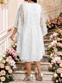 Fleurora Plus Size Women's Solid Color V-Neck Dress With Lace Sheer Cardigan Set Summer Wedding Formal Allover White Elegant Business Casual - White - View 4