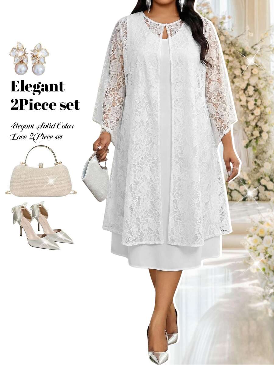 Fleurora Plus Size Women's Solid Color V-Neck Dress With Lace Sheer Cardigan Set Summer Wedding Formal Allover White Elegant Business Casual