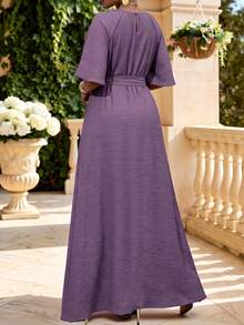 Fleurora Plus Size Women's Round Neck Raglan 3/4 Sleeve Casual Elegant Dress Autumn Wedding Formal Dark Purple - Purple - View 2