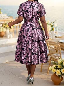 Fleurora Plus Size Women's Jacquard Overlap V-Neck Short Sleeve Elegant Dress Cocktail Dark Purple Summer - Purple - View 3
