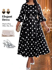 Fleurora Plus Size Women's Polka Dot Pattern Bell Sleeve Elegant 1920 Vintage 1950s Dress Fall Black And White Autumn Outfit Festival Wedding Party Cocktail - White - View 1