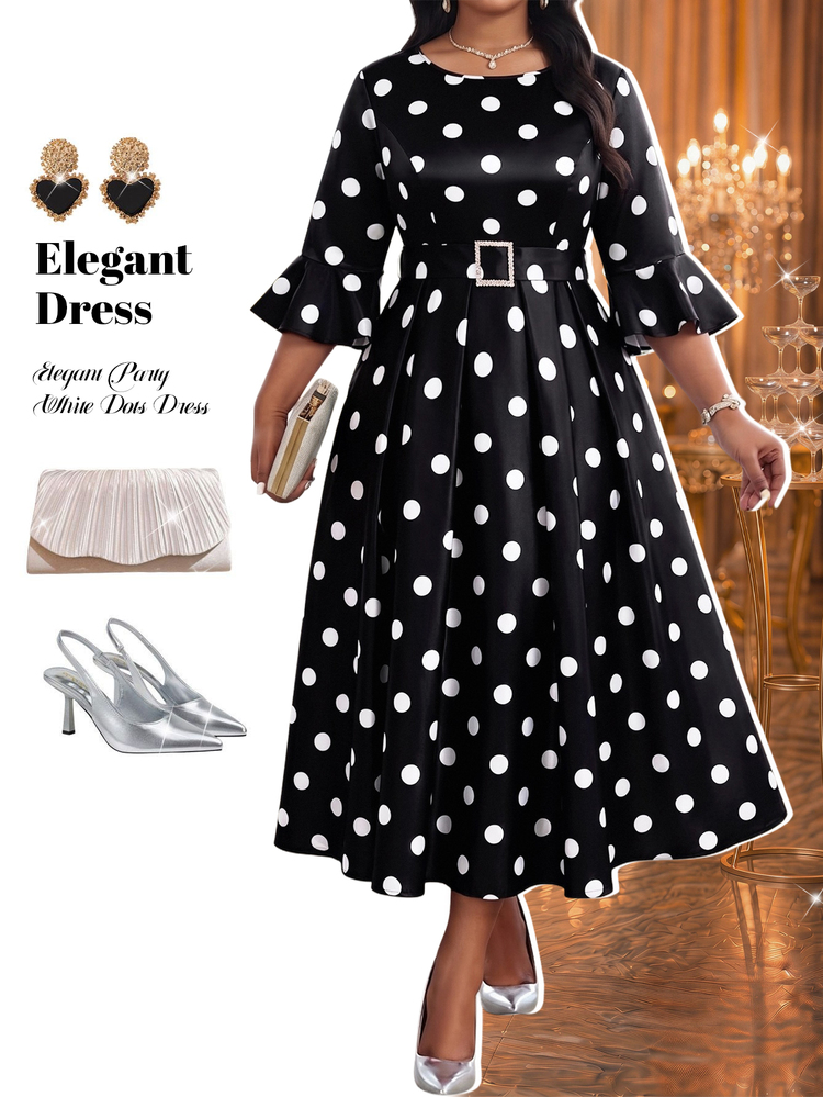 Fleurora Plus Size Women's Polka Dot Pattern Bell Sleeve Elegant 1950s Vintage 1920s Dress Fall Black And White Autumn Outfit Festival Outfits Wedding Dress - White - View 1