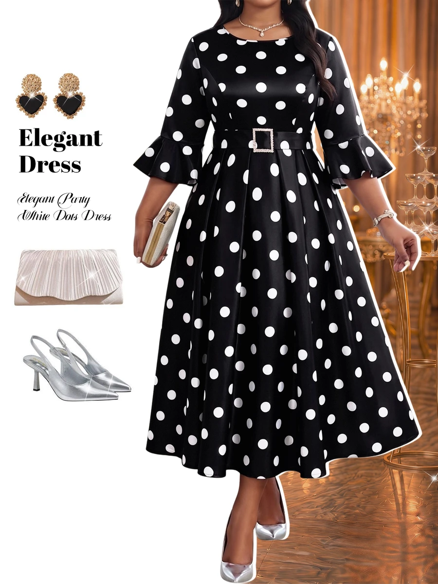Fleurora Plus Size Women's Polka Dot Pattern Bell Sleeve Elegant 1920 Vintage 1950s Dress Fall Black And White Autumn Outfit Festival Wedding Party Cocktail - White - View 1