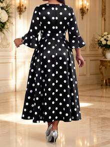 Fleurora Plus Size Women's Polka Dot Pattern Bell Sleeve Elegant 1920 Vintage 1950s Dress Fall Black And White Autumn Outfit Festival Wedding Party Cocktail - White - View 2