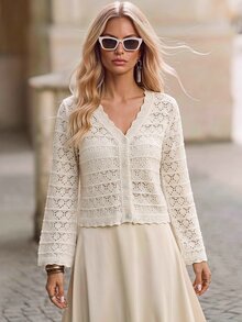 Brillora 女款優雅奶油白薄款開襟衫，適合夏季海灘度假、休閒早午餐，時尚Y2K圖案長袖，適用派對與婚禮 - 杏色 - 查看 8