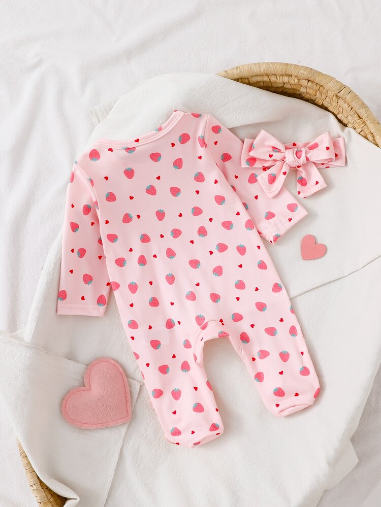 SHEIN Vintaside Kids 3 Sets Randomly Sent 1 Set, 2-Pack Newborn Baby Girl Autumn/Winter Home Wear Cute Strawberry Heart Cherry Flower Print Baby Girl Ruffle Edge Long - Pink - View 2