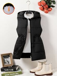 SHEIN Tween Girls Black Long Sleeve Elongated Zip-Up Hooded Vest With Pockets, Fall, Winter, Casual, Solid, Back To School, Outfit - Black - View 6