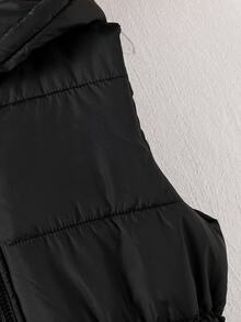 SHEIN Tween Girls Black Long Sleeve Elongated Zip-Up Hooded Vest With Pockets, Fall, Winter, Casual, Solid, Back To School, Outfit - Black - View 5