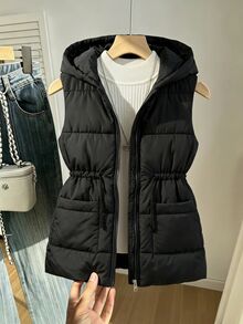 SHEIN Tween Girls Black Long Sleeve Elongated Zip-Up Hooded Vest With Pockets, Fall, Winter, Casual, Solid, Back To School, Outfit - Black - View 1
