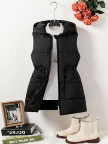SHEIN Tween Girls Black Long Sleeve Elongated Zip-Up Hooded Vest With Pockets, Fall, Winter, Casual, Solid, Back To School, Outfit - Black - View 9