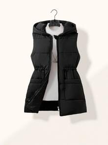 SHEIN Tween Girls Black Long Sleeve Elongated Zip-Up Hooded Vest With Pockets, Fall, Winter, Casual, Solid, Back To School, Outfit - Black - View 8