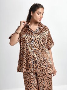 Slumbrini 秋季豹紋動物圖案前開扣貼袋飾邊短袖長褲女款大尺碼睡衣家居服套裝 - 彩色 - 查看 6