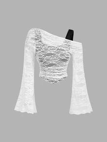 SHEIN MOD 女款法式蕾絲拼接不對稱下擺長袖T恤 - 黑與白 - 查看 4