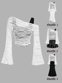SHEIN MOD 女款法式蕾絲拼接不對稱下擺長袖T恤 - 黑與白 - 查看 3