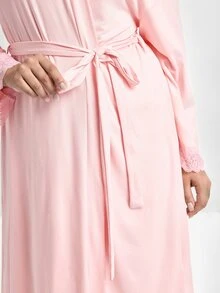 Slumbrini 大尺碼純色柔軟蕾絲睡衣套裝，女款居家服吊帶背心、長袖繫帶前開襟晨袍 4 件套 - 粉色 - 查看 6