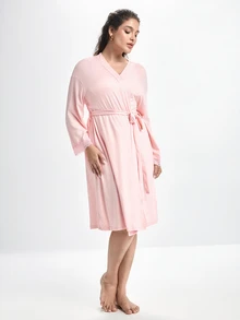 Slumbrini 大尺碼純色柔軟蕾絲睡衣套裝，女款居家服吊帶背心、長袖繫帶前開襟晨袍 4 件套 - 粉色 - 查看 5