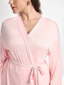 Slumbrini 大尺碼純色柔軟蕾絲睡衣套裝，女款居家服吊帶背心、長袖繫帶前開襟晨袍 4 件套 - 粉色 - 查看 7