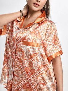 Slumbrini Vintage Paisley Print Lapel Open Front Short Sleeve Long Pants Faux Silk Plus Size Pajama Set - Orange - View 8
