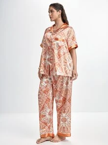 Slumbrini Vintage Paisley Print Lapel Open Front Short Sleeve Long Pants Faux Silk Plus Size Pajama Set - Orange - View 5