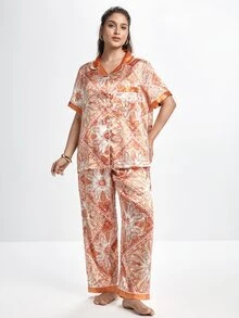 Slumbrini Vintage Paisley Print Lapel Open Front Short Sleeve Long Pants Faux Silk Plus Size Pajama Set - Orange - View 4