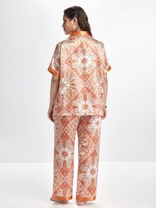 Slumbrini Vintage Paisley Print Lapel Open Front Short Sleeve Long Pants Faux Silk Plus Size Pajama Set - Orange - View 2