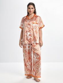 Slumbrini Vintage Paisley Print Lapel Open Front Short Sleeve Long Pants Faux Silk Plus Size Pajama Set - Orange - View 3