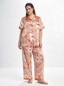 Slumbrini Vintage Paisley Print Lapel Open Front Short Sleeve Long Pants Faux Silk Plus Size Pajama Set - Orange - View 1