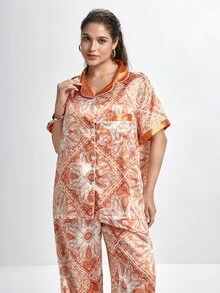 Slumbrini Vintage Paisley Print Lapel Open Front Short Sleeve Long Pants Faux Silk Plus Size Pajama Set - Orange - View 7
