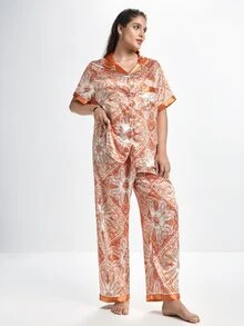Slumbrini Vintage Paisley Print Lapel Open Front Short Sleeve Long Pants Faux Silk Plus Size Pajama Set - Orange - View 6