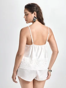 Slumbrini Plus Size Lace Trim Spliced Faux Silk Sexy Camisole Top And Shorts Pajama Set - White - View 2