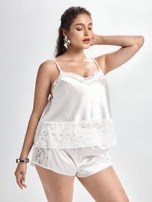Slumbrini Plus Size Lace Trim Spliced Faux Silk Sexy Camisole Top And Shorts Pajama Set - White - View 5