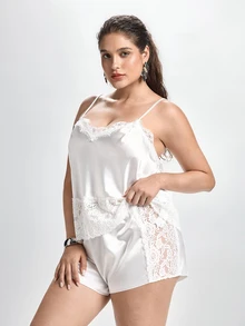 Slumbrini Plus Size Lace Trim Spliced Faux Silk Sexy Camisole Top And Shorts Pajama Set - White - View 4