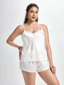 Slumbrini Plus Size Lace Trim Spliced Faux Silk Sexy Camisole Top And Shorts Pajama Set - White - View 1