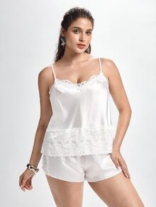 Slumbrini Plus Size Lace Trim Spliced Faux Silk Sexy Camisole Top And Shorts Pajama Set - White - View 6