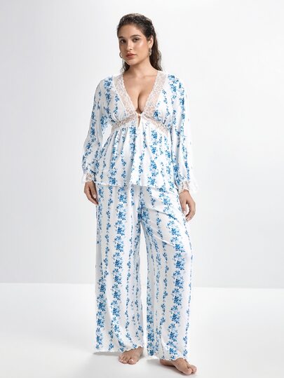 Slumbrini French Elegant Romantic Pastoral Ditsy Floral Lace Patchwork V-Neck Comfortable Plus Size Pajama Set
