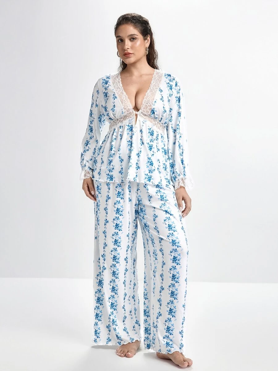 Slumbrini French Elegant Romantic Pastoral Ditsy Floral Lace Patchwork V-Neck Comfortable Plus Size Pajama Set - White - View 1