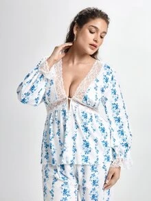 Slumbrini French Elegant Romantic Pastoral Ditsy Floral Lace Patchwork V-Neck Comfortable Plus Size Pajama Set - White - View 6
