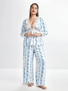 Slumbrini French Elegant Romantic Pastoral Ditsy Floral Lace Patchwork V-Neck Comfortable Plus Size Pajama Set - White - View 4