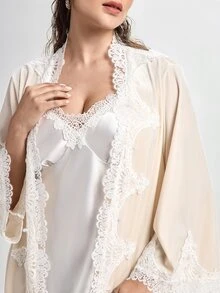 Slumbrini Asymmetrical Water-Soluble Lace Trim Patchwork Tie-Front Korean Velvet Sexy Robe - Beige - View 5