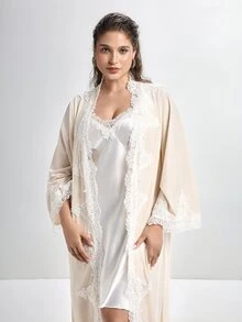Slumbrini Asymmetrical Water-Soluble Lace Trim Patchwork Tie-Front Korean Velvet Sexy Robe - Beige - View 4