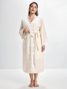 Slumbrini Asymmetrical Water-Soluble Lace Trim Patchwork Tie-Front Korean Velvet Sexy Robe - Beige - View 6