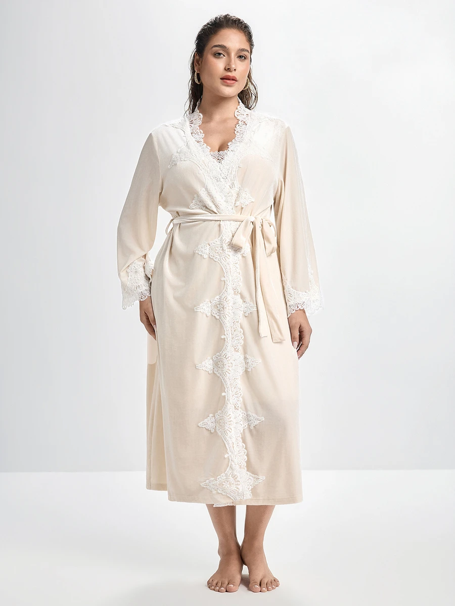 Slumbrini Asymmetrical Water-Soluble Lace Trim Patchwork Tie-Front Korean Velvet Sexy Robe - Beige - View 1